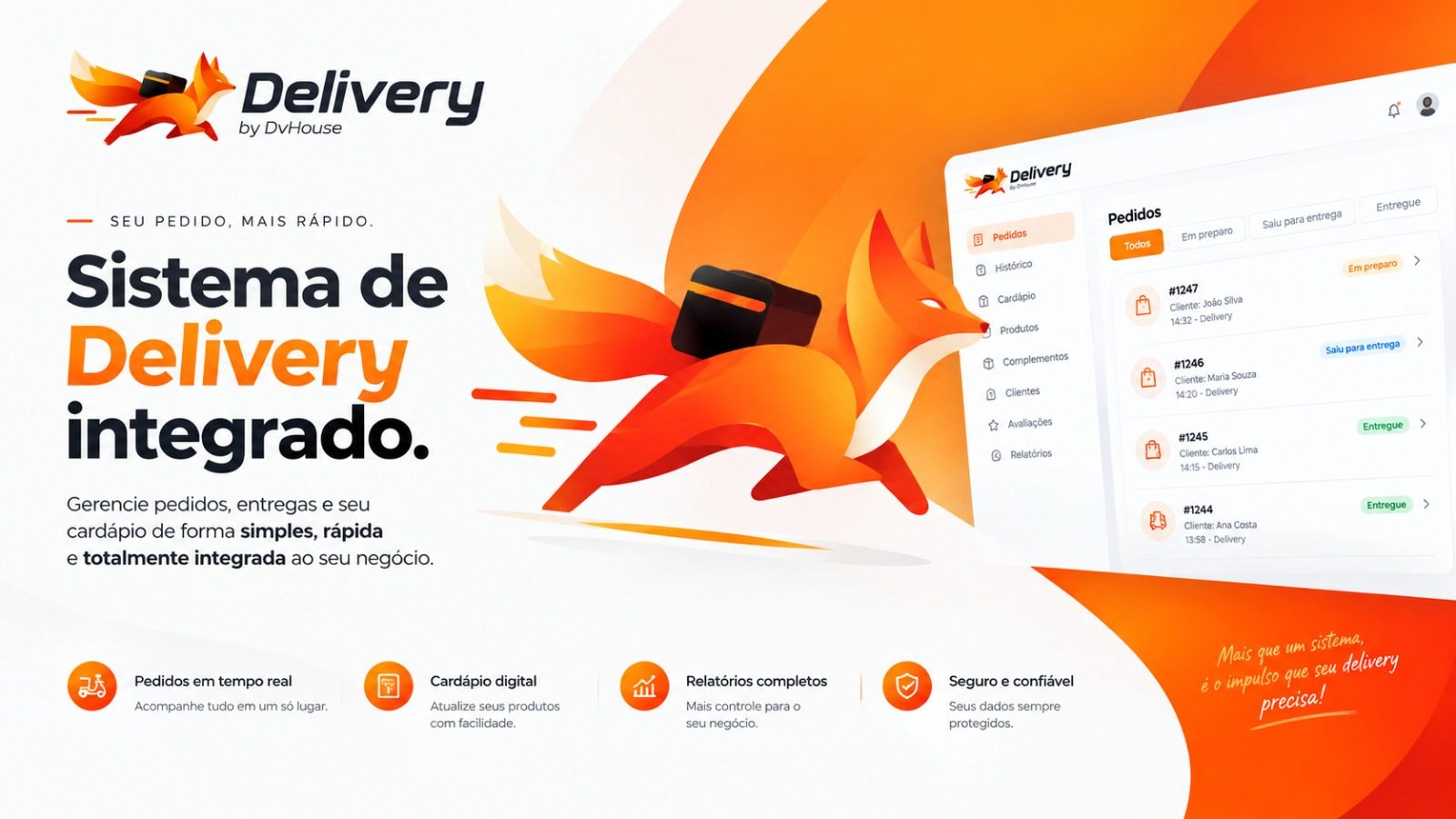 Delivery by DvHouse — sistema de delivery integrado. Gerencie pedidos, entregas e cardápio de forma simples, rápida e integrada.